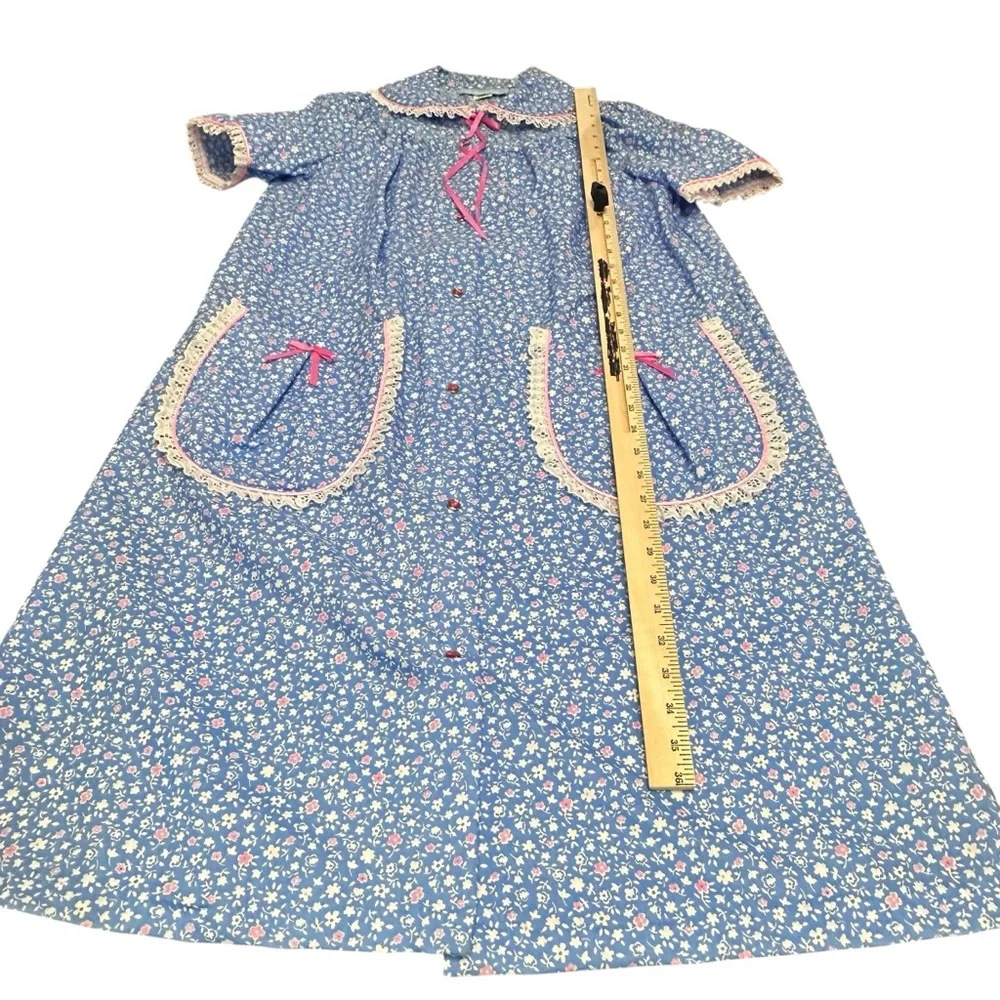 Vintage Coffee Time nightgown House Dress Blue Floral‎ Lace Pockets Medium